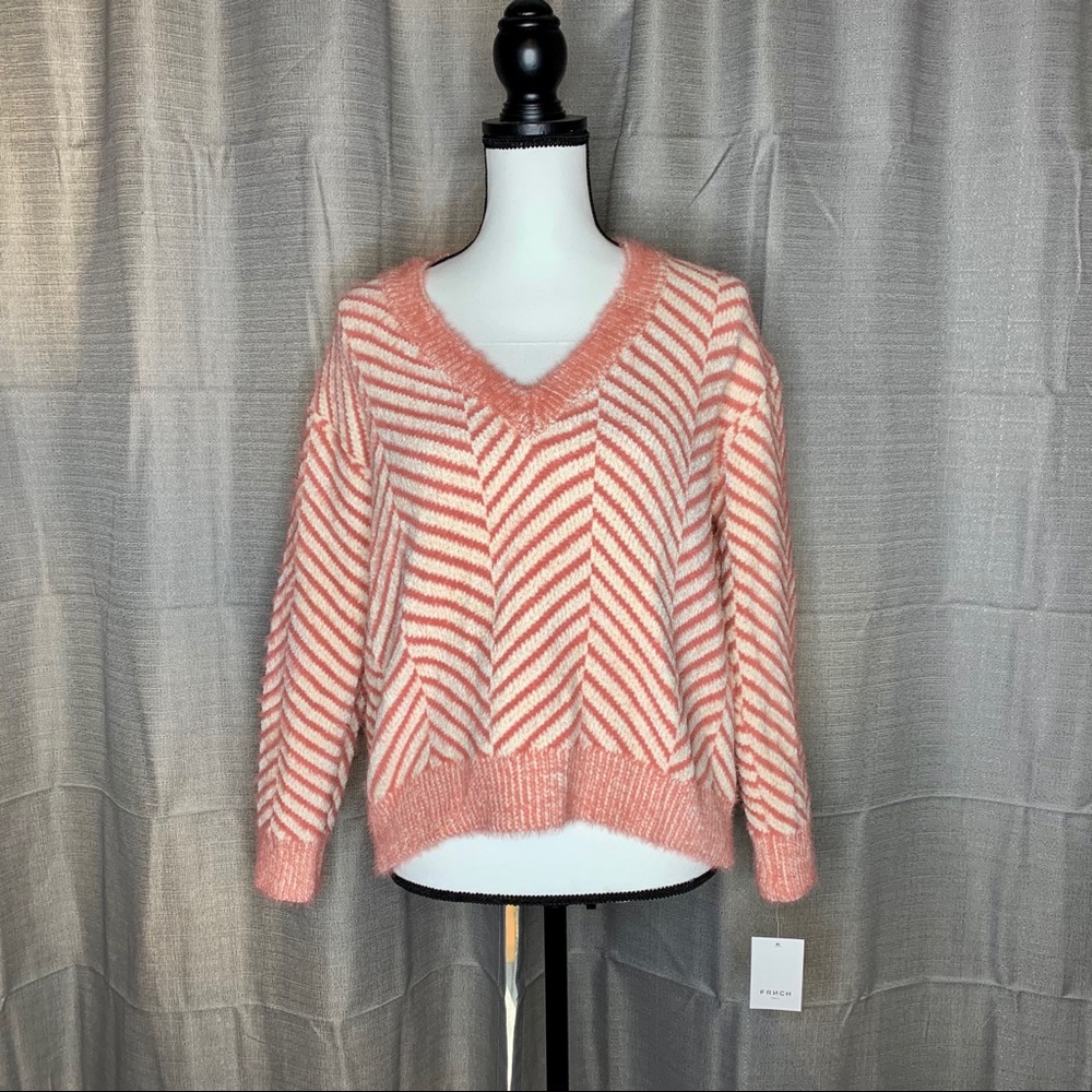 FRNCH Diagonal Stripe Chenille V-Neck Sweater